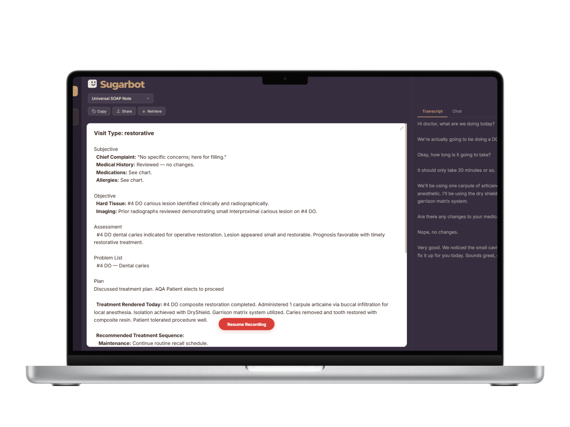 Sugarbot Notes AI scribe interface on laptop